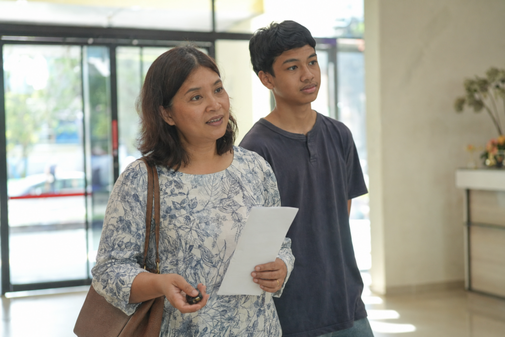 A woman holding notes asks a question in the entrance lobby of a nursing home, her teenage son beside her.