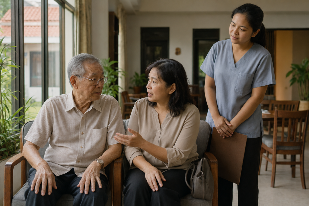 An elderly man, his adult daughter and a young care worker together in a common area at a nursing home in Melaka
