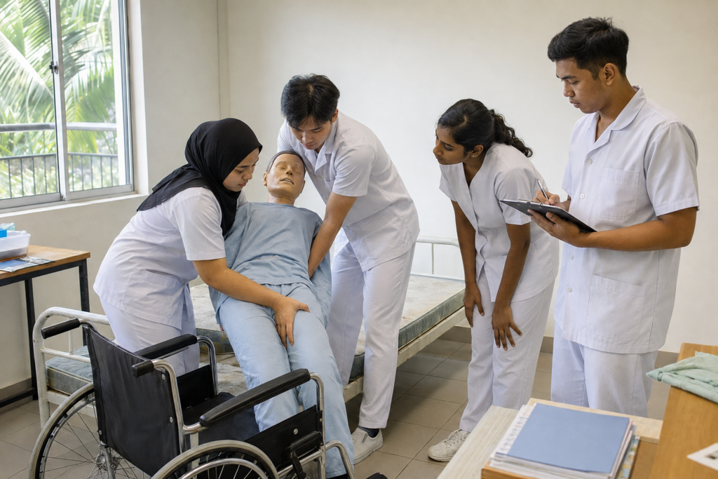 Young Malaysian caregiver trainees practising a patient transfer during a hands-on training session.