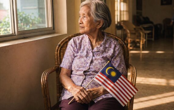 An elderly Malaysian woman sits by a window holding a small Jalur Gemilang, late afternoon light across the room.