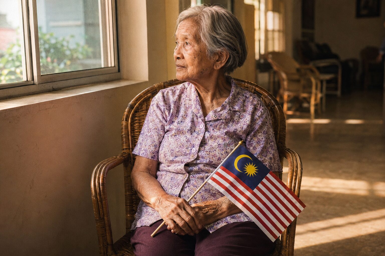 An elderly Malaysian woman sits by a window holding a small Jalur Gemilang, late afternoon light across the room.