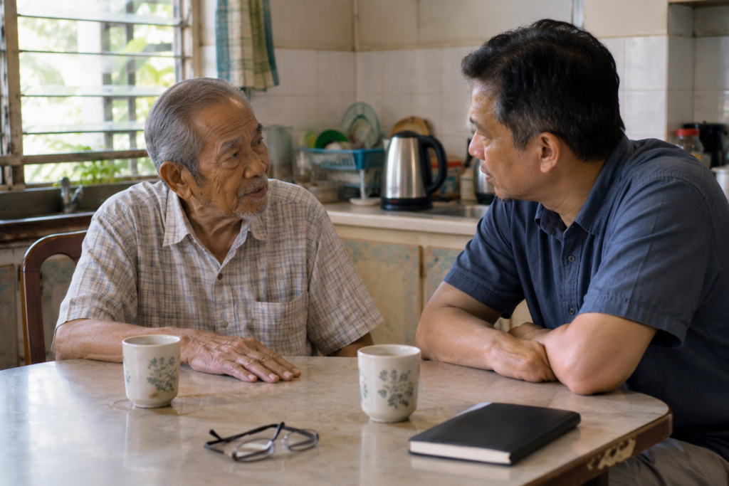 An adult daughter sitting with her elderly father - the dementia conversation Malaysian families have too late
