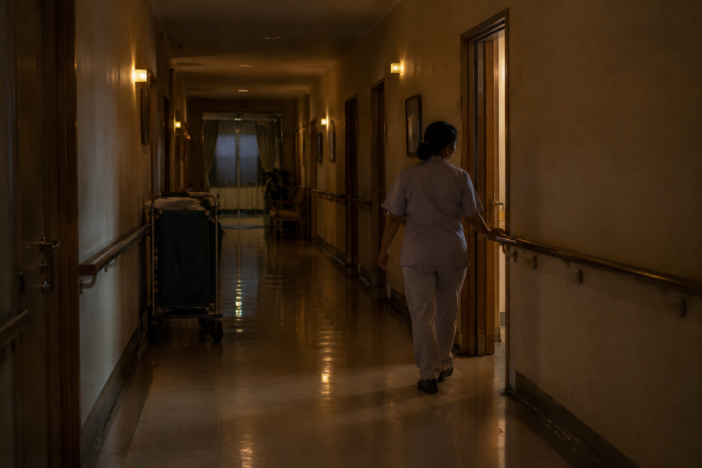A nursing home corridor at night, when dementia agitation peaks and staffing is thinnest