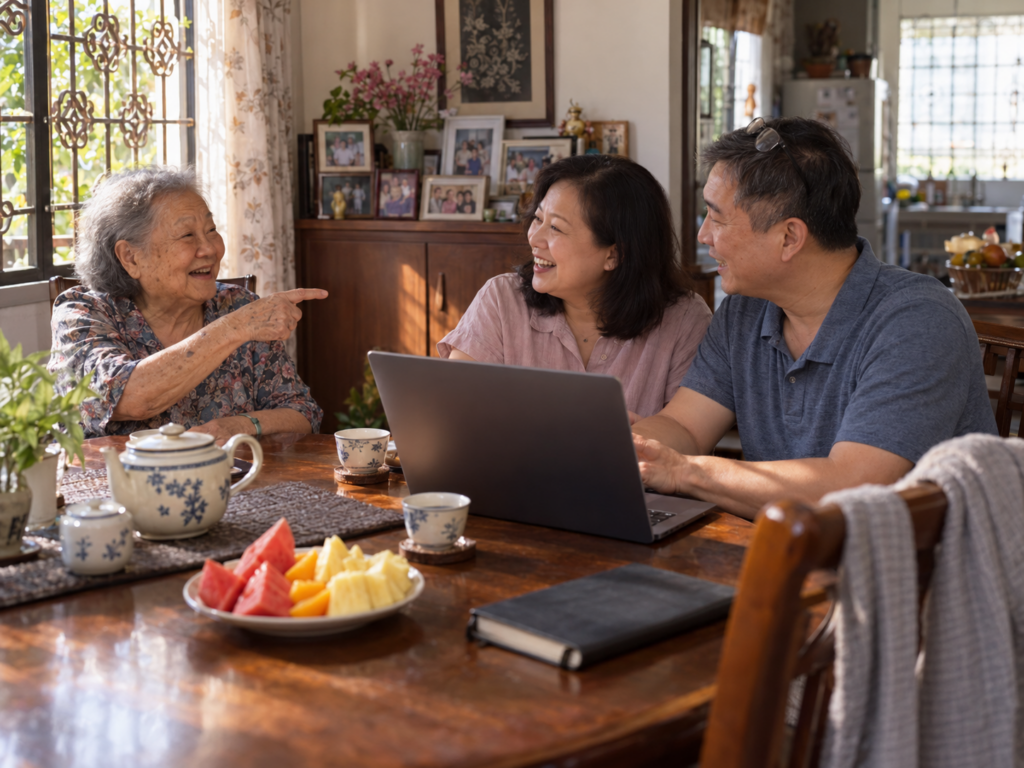 A couple plan at a dining table with a laptop while the husband’s elderly mother laughs and joins in