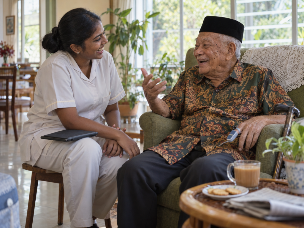 A young care worker laughs with an elderly man in a bright lounge, her tablet set aside on her knee