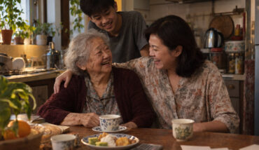 A woman laughs with her elderly mother and teenage son around a kitchen table at home