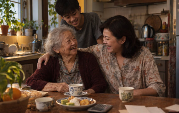 A woman laughs with her elderly mother and teenage son around a kitchen table at home