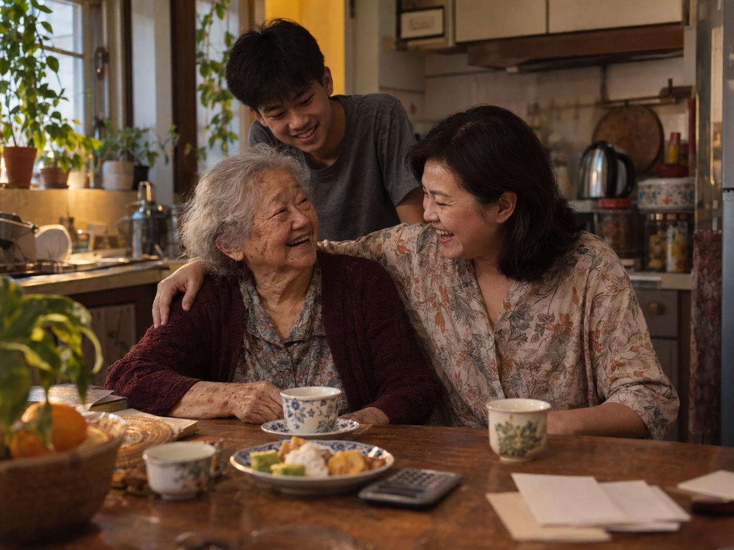 A woman laughs with her elderly mother and teenage son around a kitchen table at home